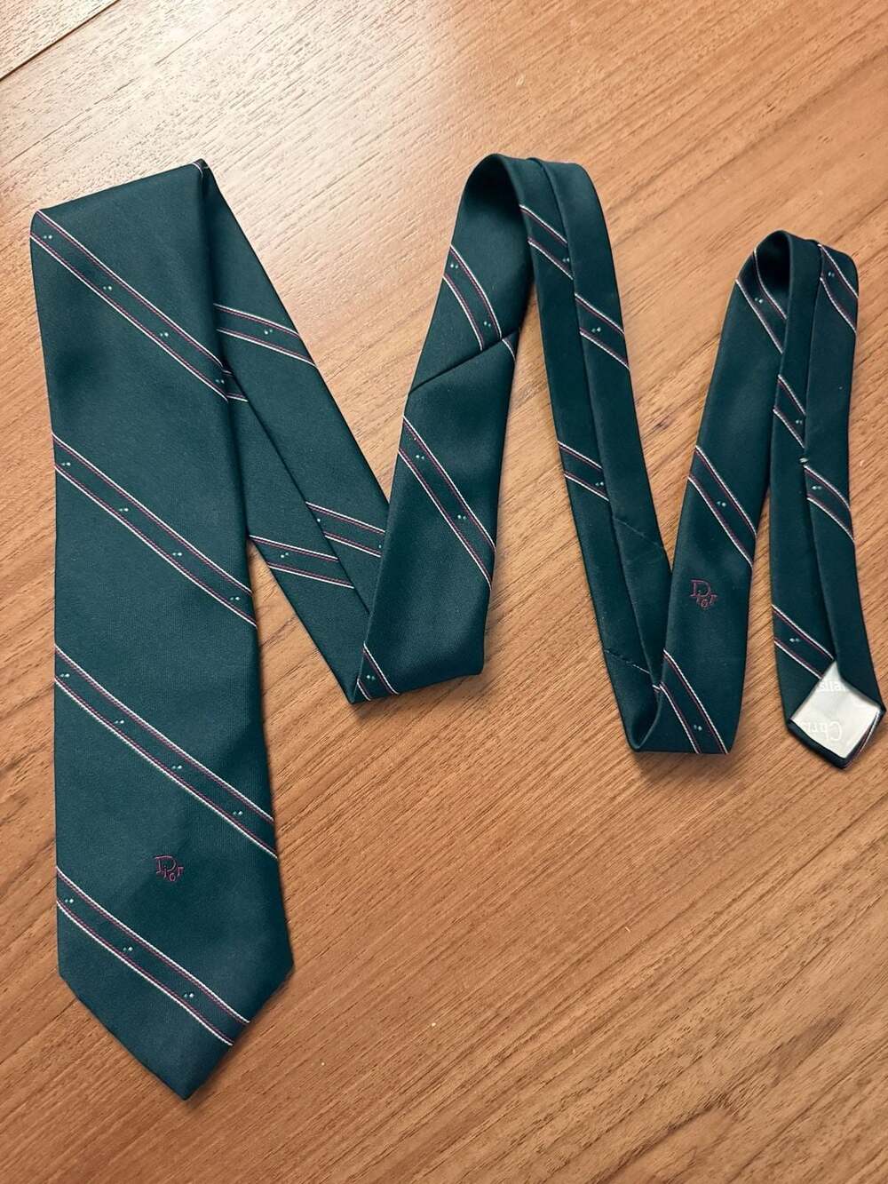 Vintage Christian Dior Monsieur Green Striped Silk Blend Tie